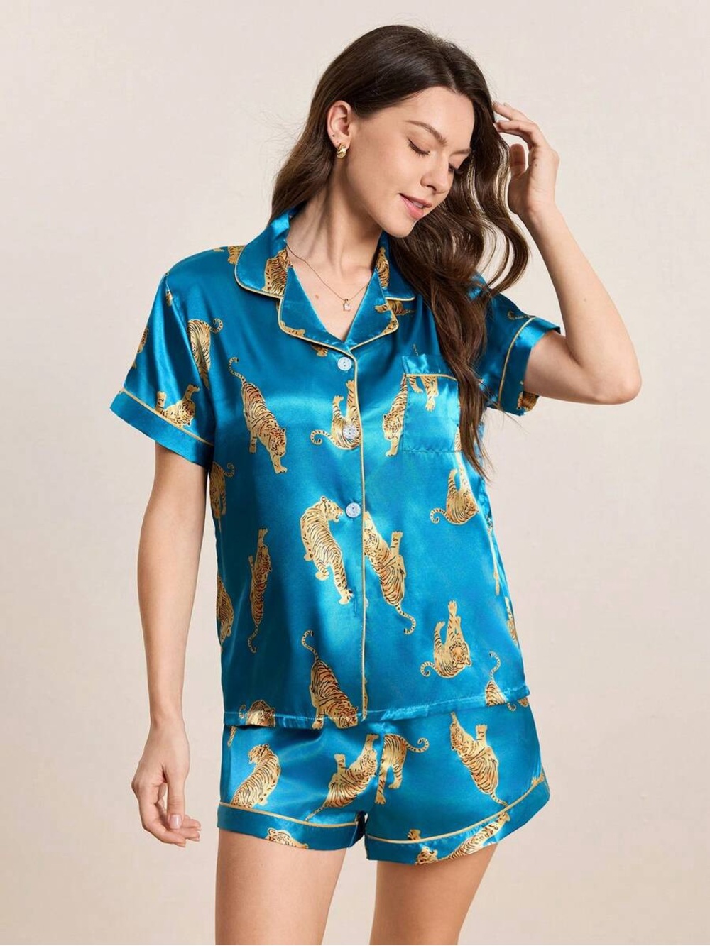 Vibrant Blue Satin Pyjama Set - Tiger Print - Short-sleeve Shirt and Shorts - S